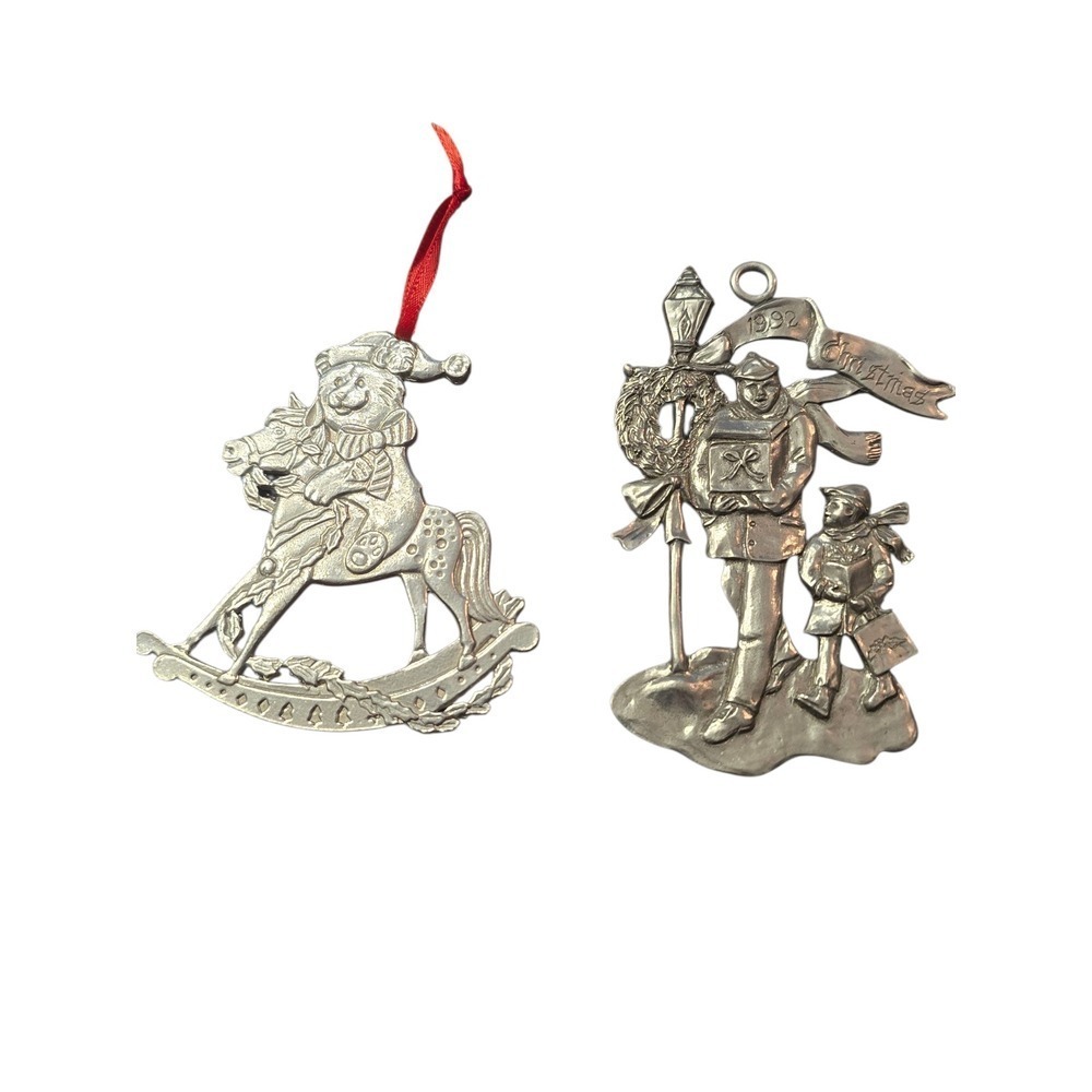 Kirk Stieff Pewter Ornaments 1992 Rocking Horse Seagull‎ Christmas Set of 2